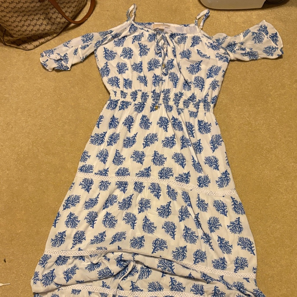Michael Kors Blue and White Leaf Print Dress